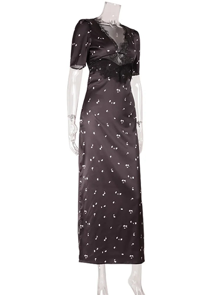 Lace Patchwork Printed Maxi Dresses for Women Fashion Sexy Streetwear Short Sleeves Slim Hollow Out Long Vestidos Robes Female