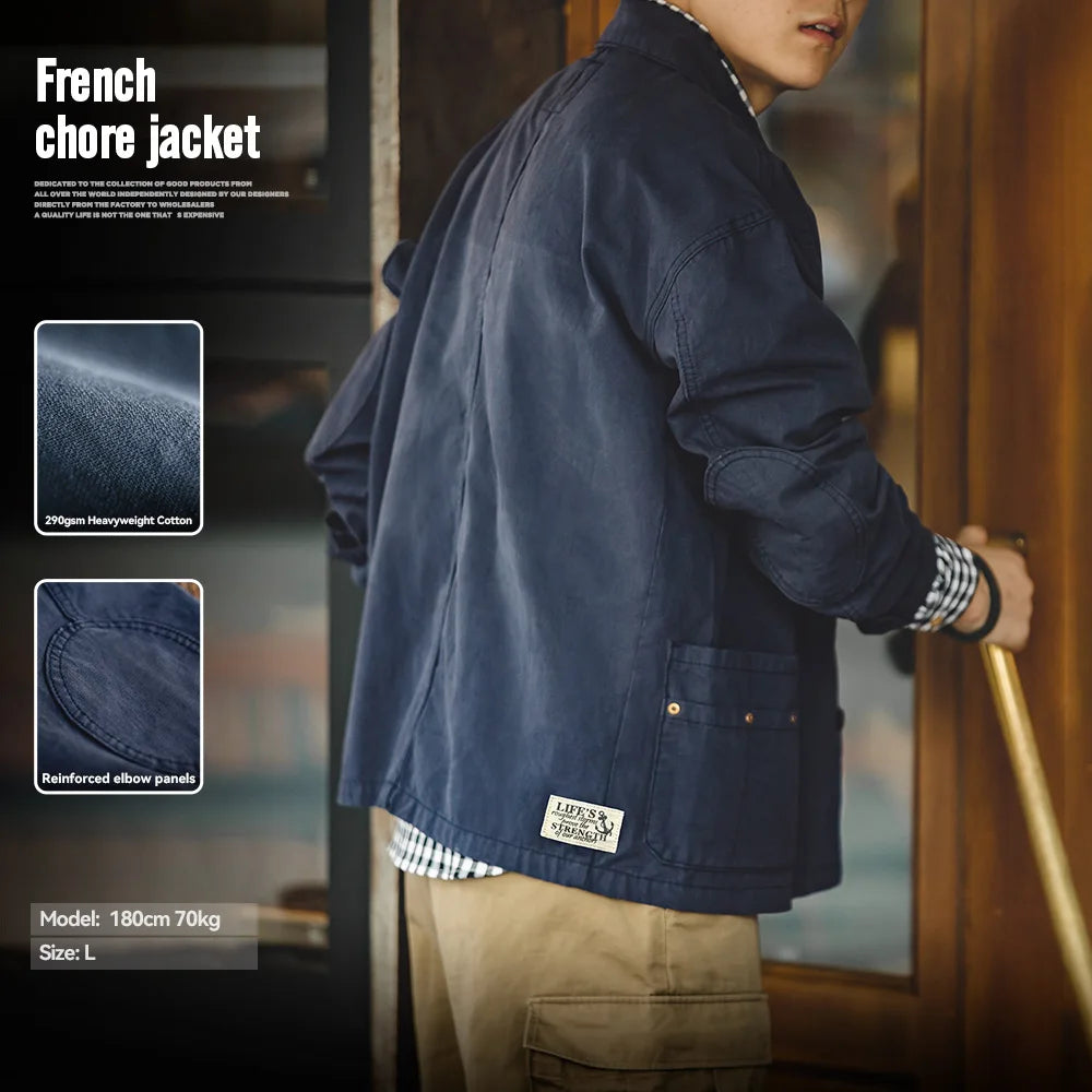 Maden Autumn Navy Blue Hunting Jacket for Men Turn-down Collar Asymmetrical Multipocket Cotton Casual Outerwear Coat Loose-fit