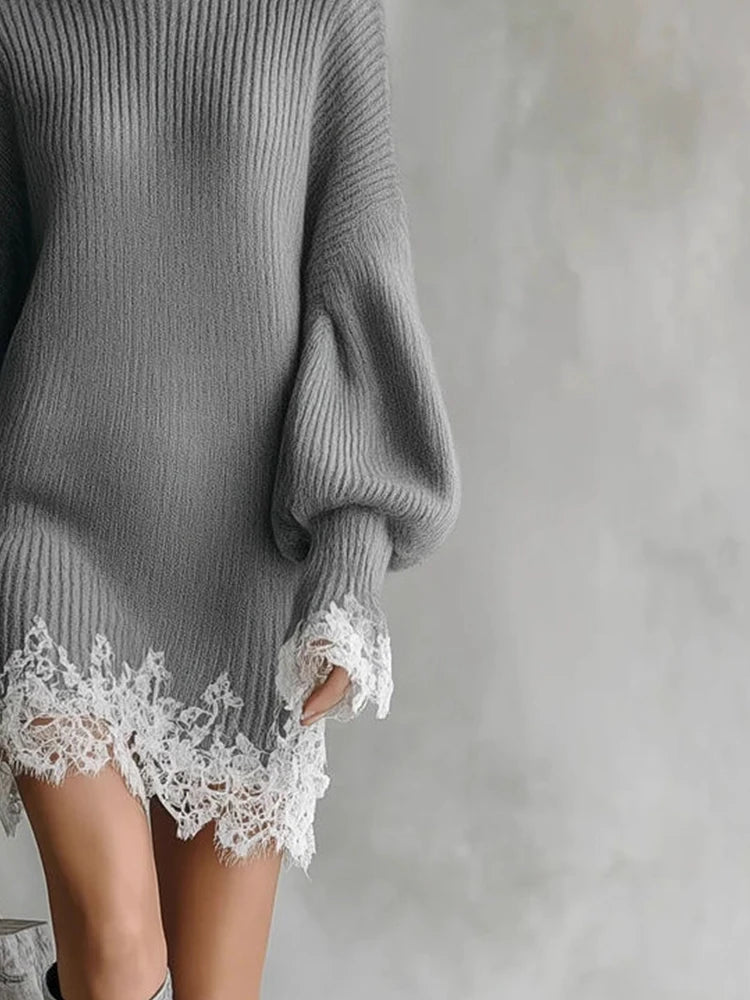 Women's Knitted Lace Splice Mini Dress Elegant Turtleneck Solid Fashionable Spring Autumn Vintage Casual Retro Loose Dress