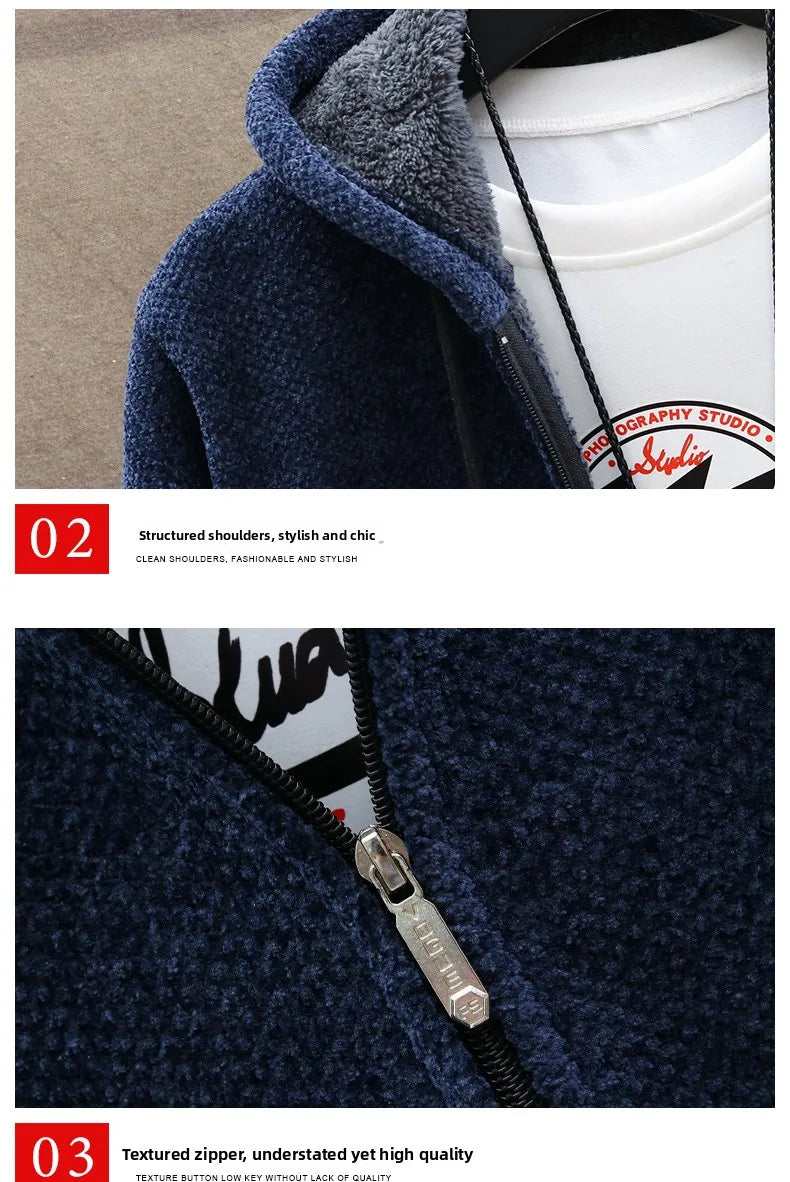 Men's Knitted Sweater Cardigan Thickened Fleece Hooded Casual Style Warm Outerwear Autumn Winter New Arrival Korean Version