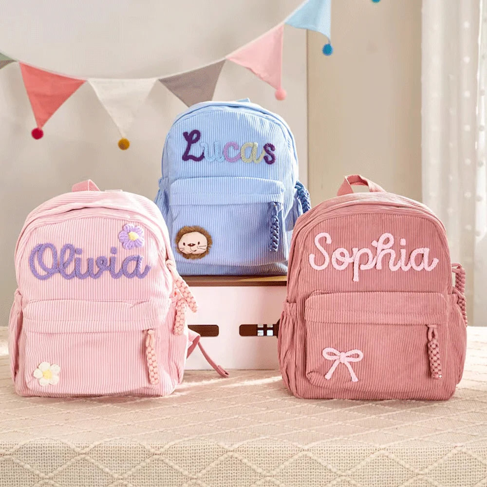 Personalized Small High-Quality Corduroy Backpack – Customizable School Bag with Name Print; Cute and Practical