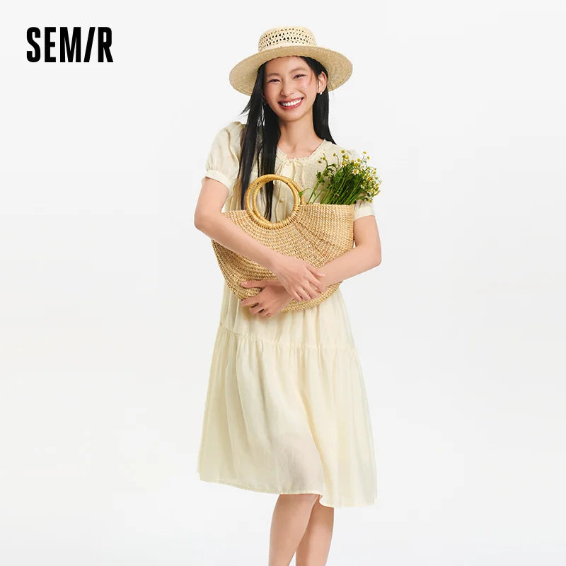 Semir Women Dress Puff Sleeve Lace Crew Neck Textured Midi French Elegant 2026 Summer Romantic Soft Comfy Daily Top