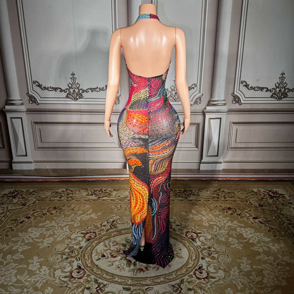 Floral Print Sexy Deep V-neck Halter Sleeveless Maxi Dress Stylish Dress Women's Backless Dress