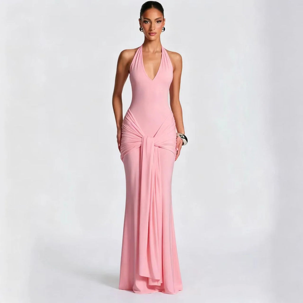 Summer Elegant Evening Dress Women Halter Neck Sleeveless Draped Mermaid Prom Gown Civil Wedding Engagement Party Dress