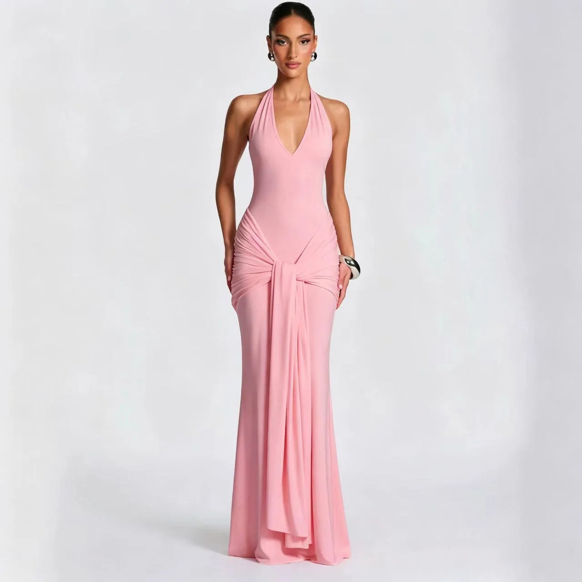 Summer Elegant Evening Dress Women Halter Neck Sleeveless Draped Mermaid Prom Gown Civil Wedding Engagement Party Dress
