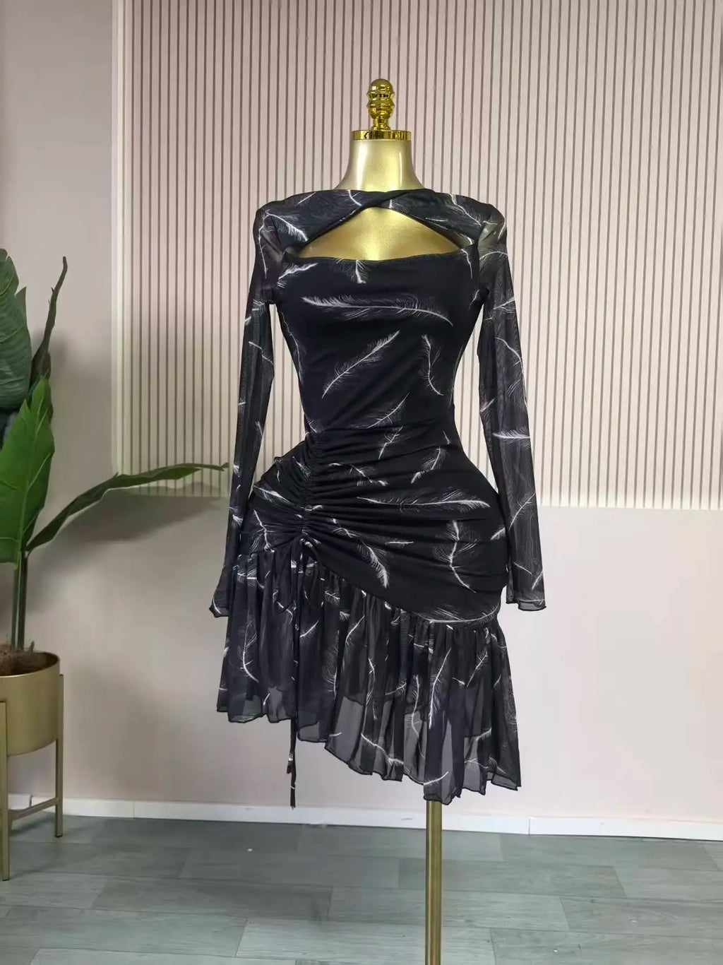 CM.YAYA Women Full Sleeve Print Stacked Ruffles Bodycon Mini Dress Fall Evening Birthday Vacation Party Vestidos Sexy Dresses