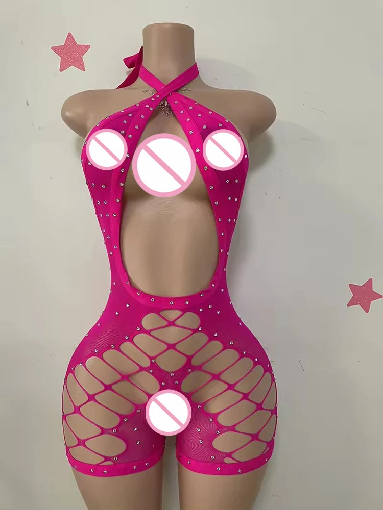 Sexy Designer Stripper Outfits Hollow-Out Rhinestone Halter Romper Women Playsuit Dancewear Ballrooms Performance Wear Jumpsuit