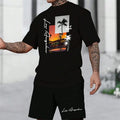 Summer New Men's Short-sleeved Hawaiian Print Two-piece Beach Vacation Breathable Short-sleeved With Drawstring Loose Shorts