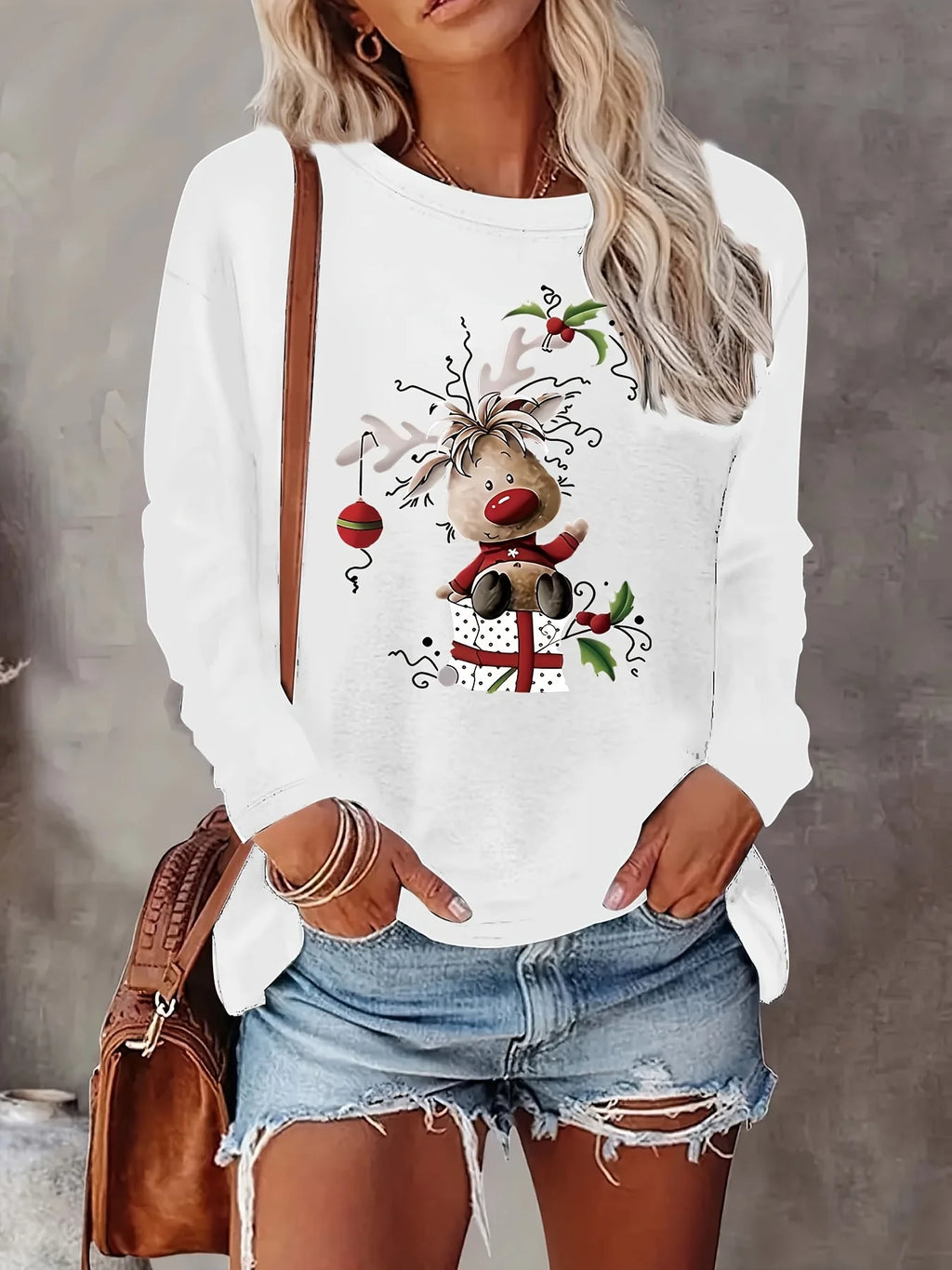 Women's Spring and Autumn 100% Cotton Fashion Casual Loose Christmas Deer Pattern Printed Round Neck Long Sleeve T-shirt Top