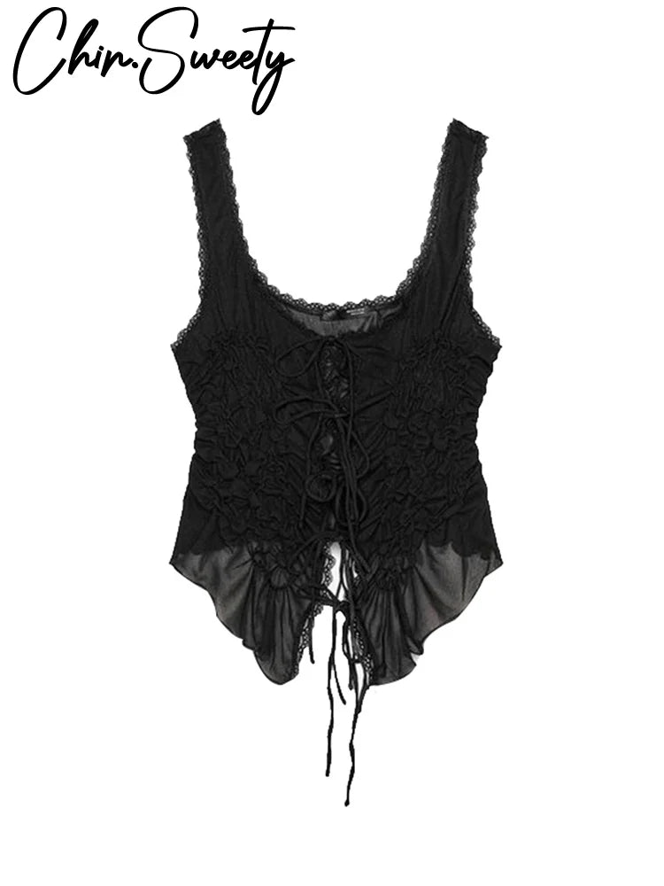 Sexy Lace Up Ruffles Women Vest Slim See Through Hollow Out Slash Neck Sling Female Top 2025 Summer Beach Lady Clothes
