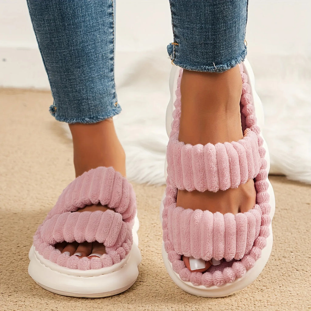 Fashion Women Winter Slipper Corduroy Double Strap House Warm Plush Flat Slippers Autumn Woman Light Comfort Indoor Slipper