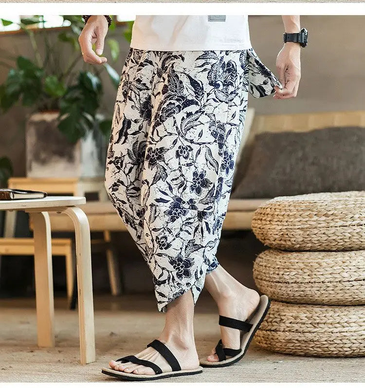 Men's Casual Cotton Linen Seven-Foot Pants Summer plus Size Lantern Loose Fit Shorts Harlan Style Comfortable Breathable Leis...
