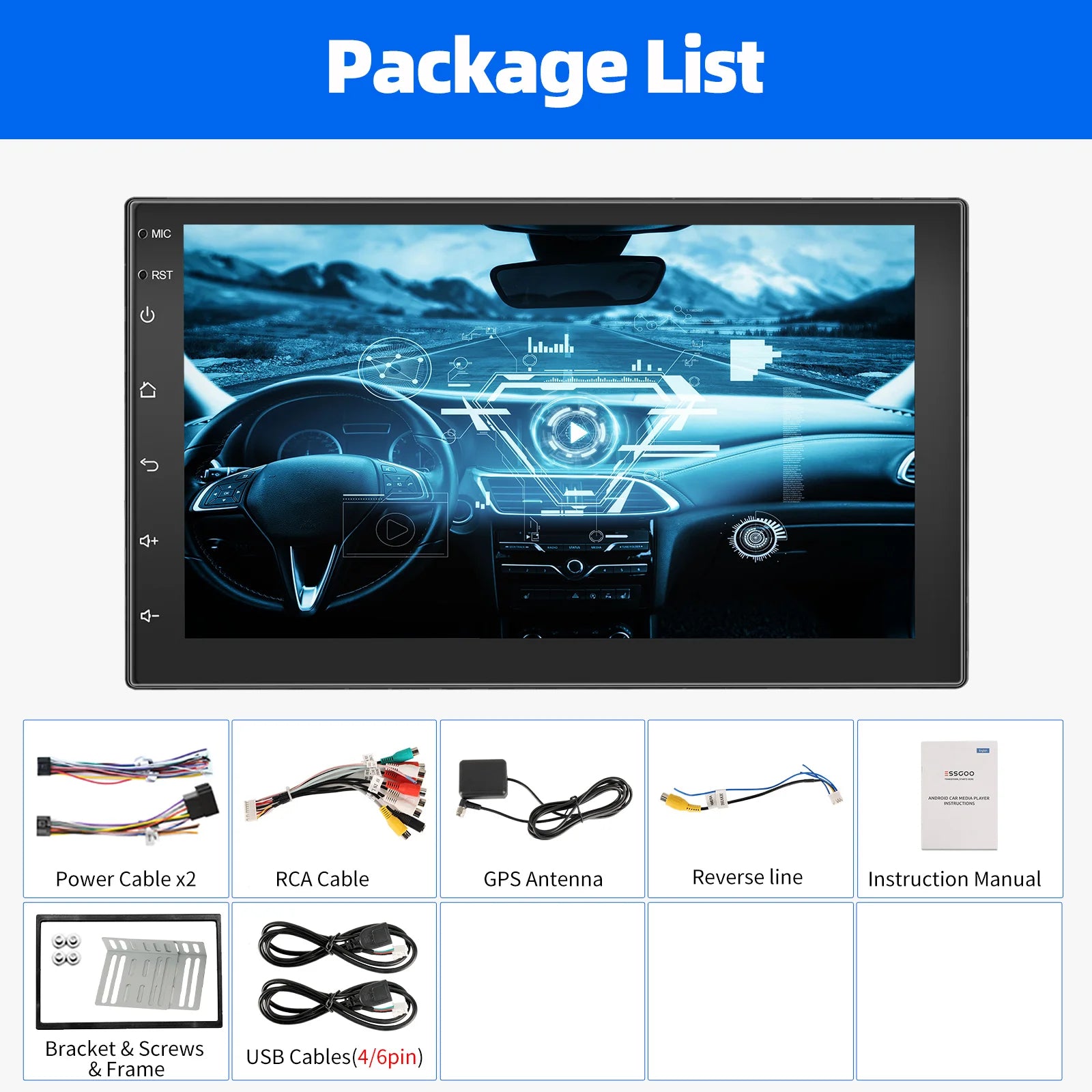 ESSGOO 7"/9"/10“ 2 DIN Android 14 4+64G Car Stereo Carplay Android Auto GPS SAT Navi Bluetooth FM RDS Radio WIFI Touchscreen