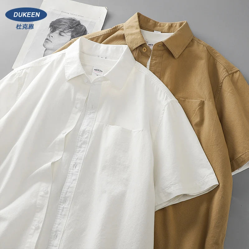 Dukeen Heavyweight Short-Sleeved Shirt Men's Summer Solid Color Lapel Pocket Casual Shirt Cotton White Shirts
