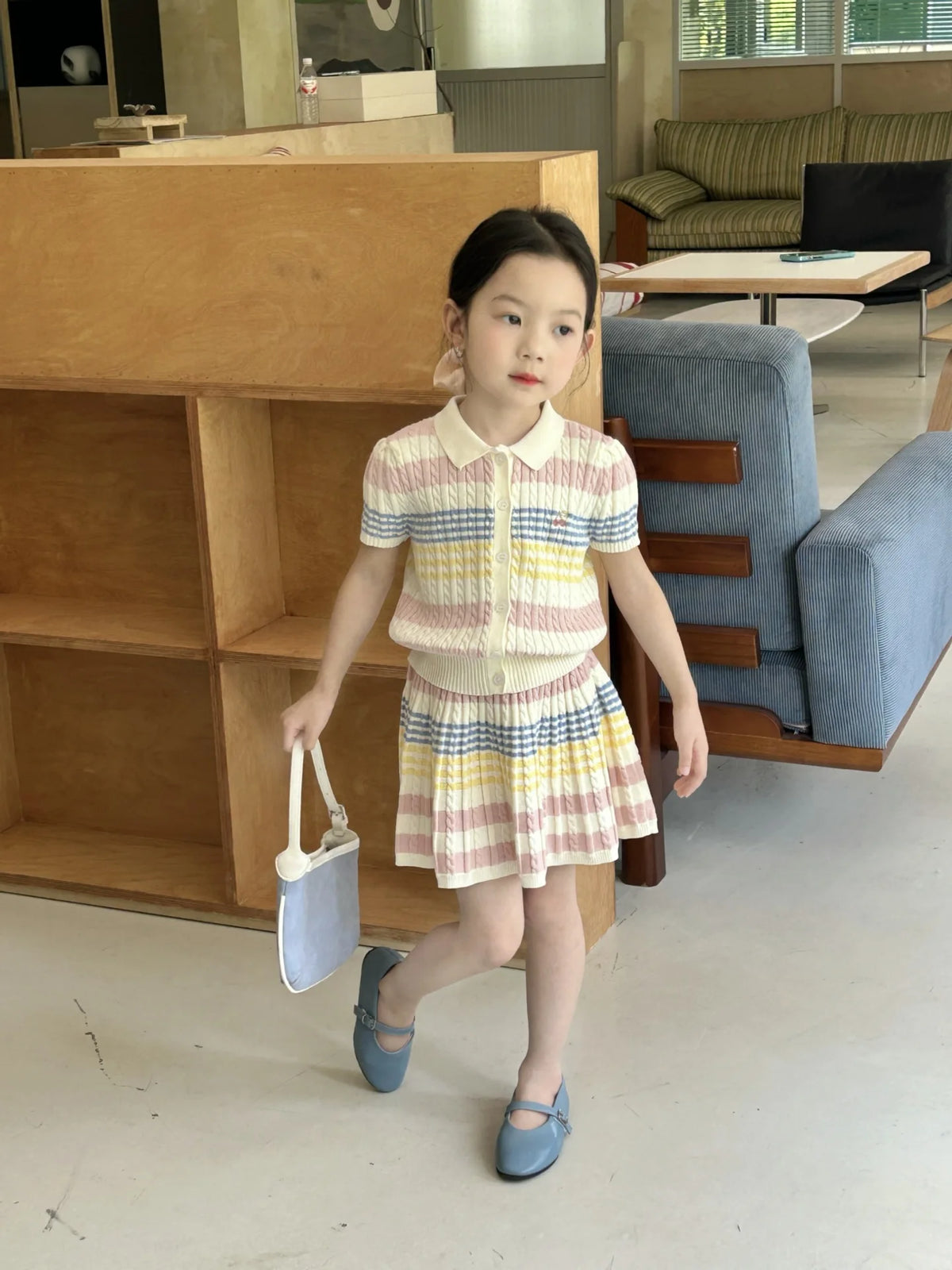 Girls Suit 2025 Summer New Childrens Clothing Korean Style Girl Baby Stripe Tie-in Color Cardigan Skirt Two Sets of Casual Daily