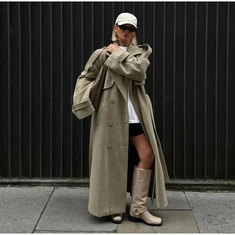 Whisper Lumi Vintage Double Breasted Lapel Women Long Coat Elegant Loose Jacket With Belt Autumn Casual Ladies Streetwear