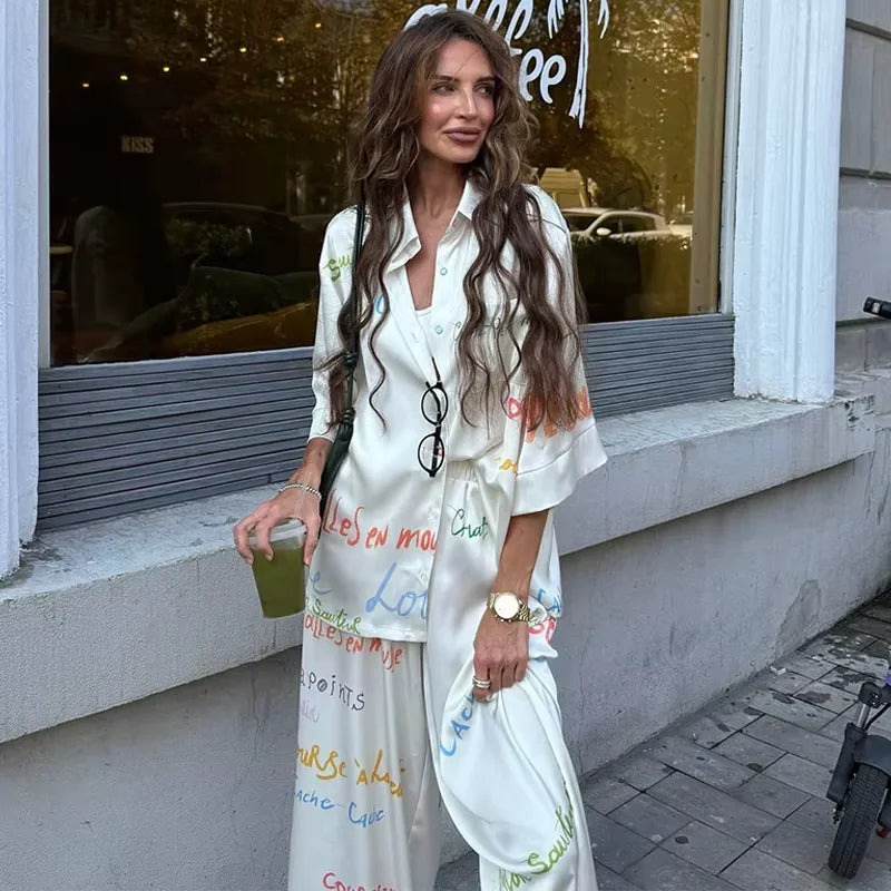 Vacation Geometric Printed Loose Pants Sets Women Lapel Full Sleeve Pocket Shirts Wide Leg Pant Suits 2026 Summer Street Outfit