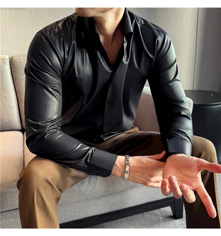 Men's 2026 Spring Luxury Lyocell Cotton Shirt, Leather-Like Texture Jacquard V-Neck, Long Sleeve Business Casual Top