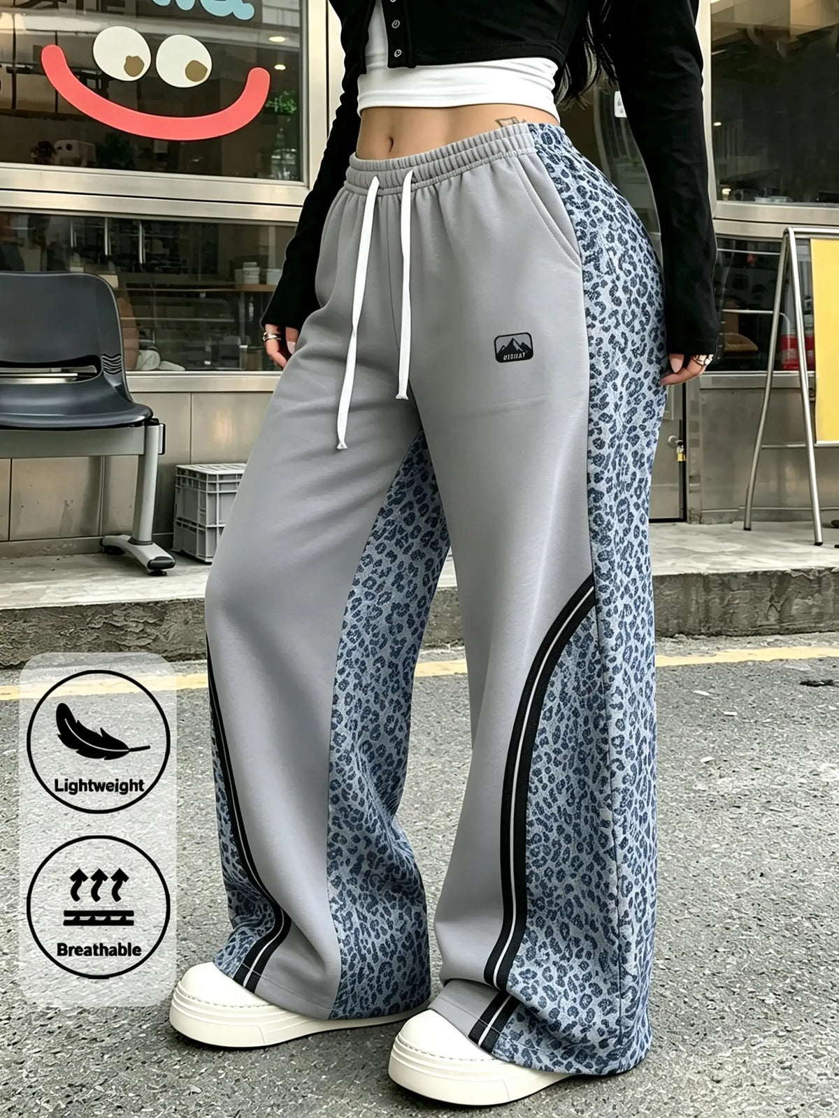 Women Leopard Spliced Wide Leg Sweatpants Drawstring Elastic Waist Casual Street Trousers