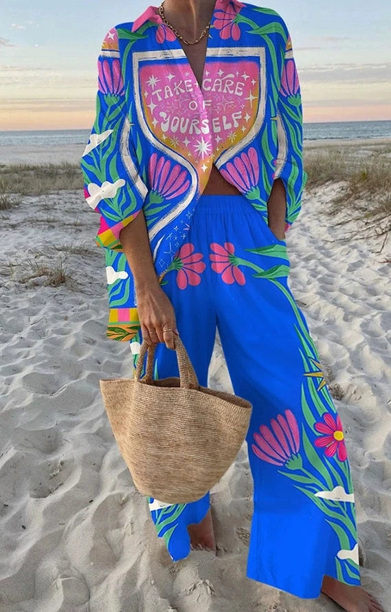 Women's Autumn Holiday Sets Outfits Fashion Print Long Sleeve Shirt Top+Wide Leg Pants 2 Pieces Set For Woman Boho Clothes New