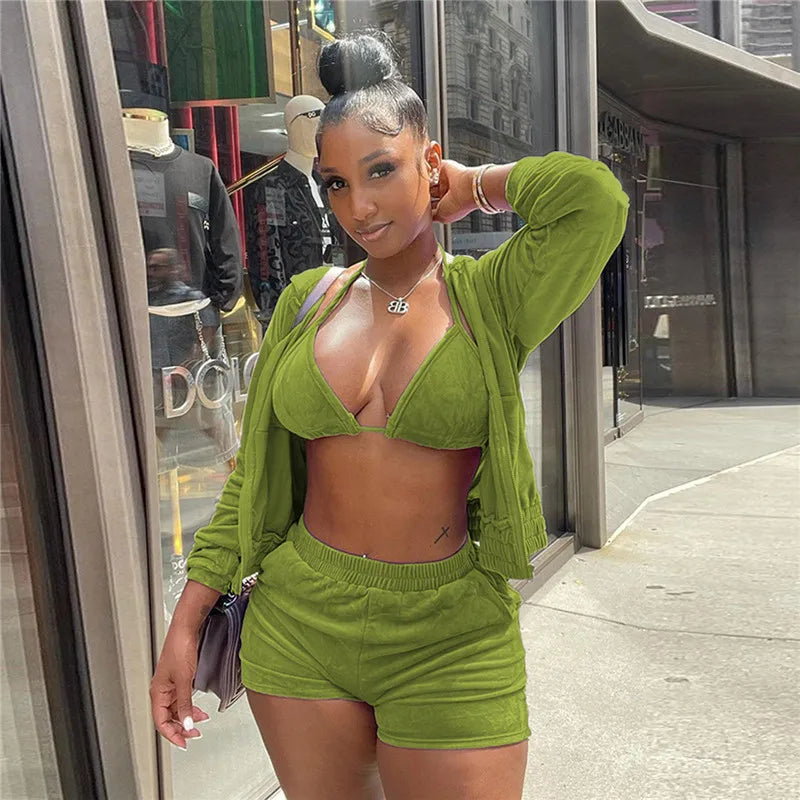 Velvet Tracksuit 3 Piece Set Women Fall Outfits Zipper Hoodies Jacket + Bra + Shorts Sets Sporty Matching Sets Jogging Femme
