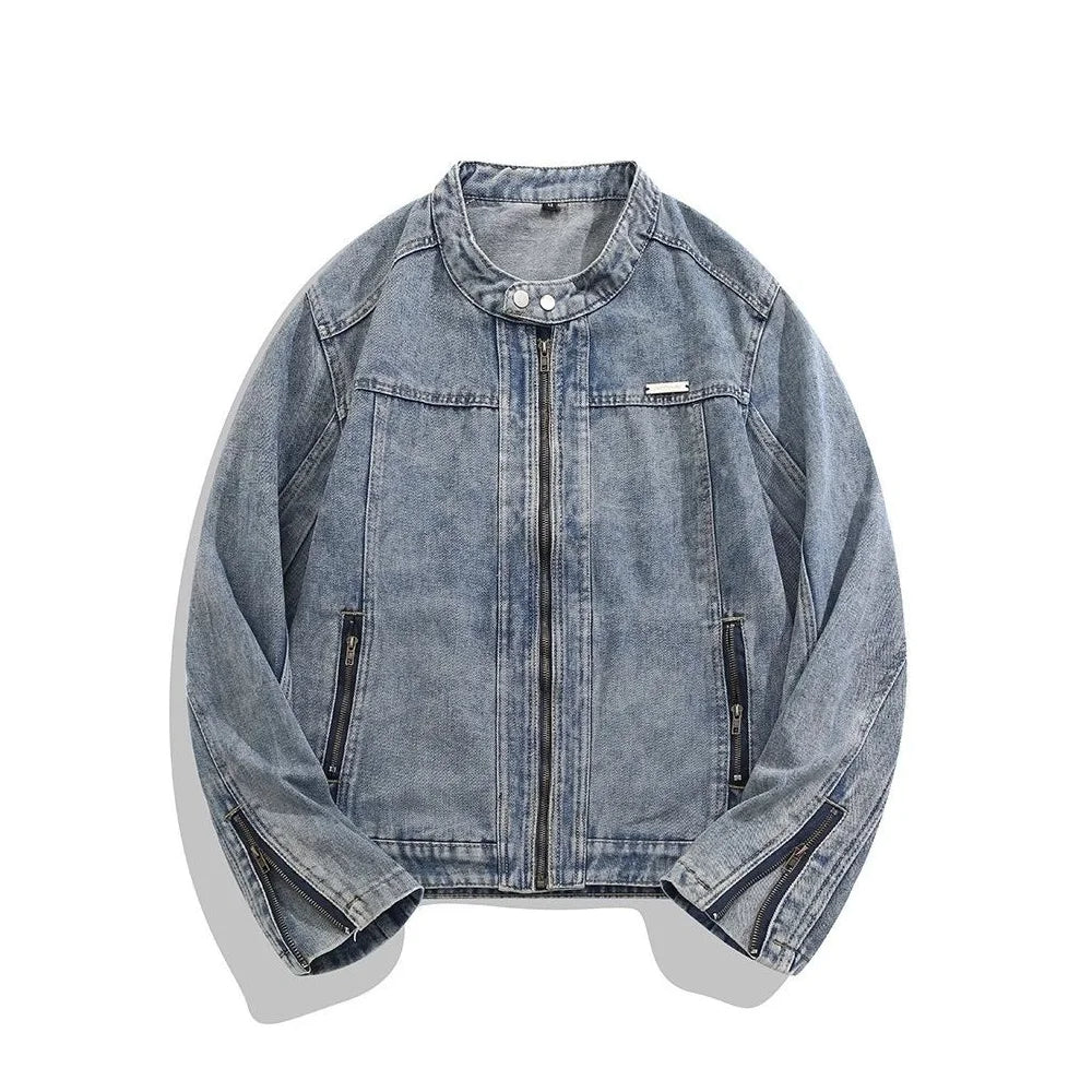 Men Denim Jacket Round Neck Zip Up Slim Fit Washed Vintage Casual Biker Jean Jacket Streetwear Outerwear 2026 New