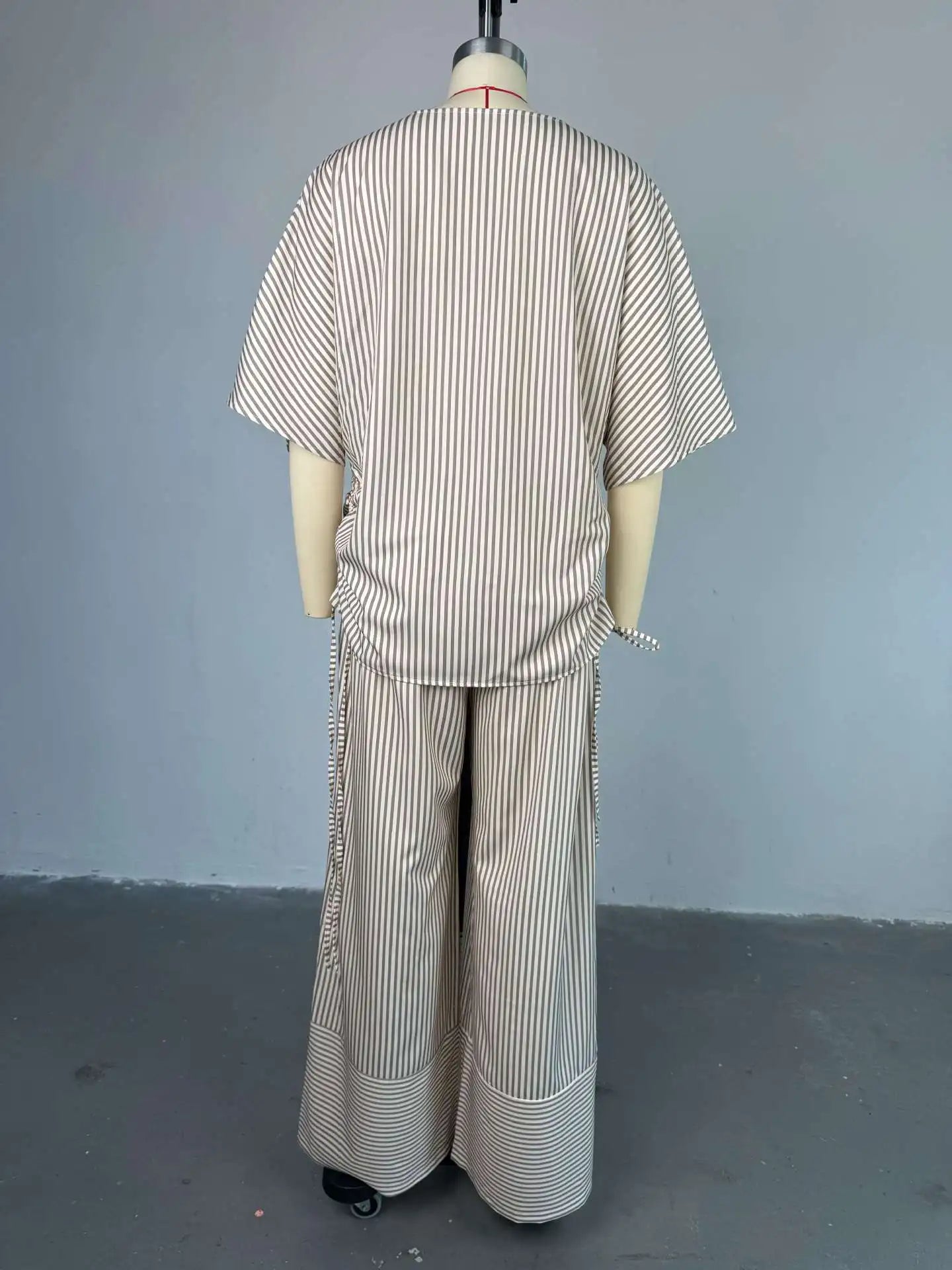 Pant Set Women Two Piece Sets V Neck Short Sleeve Drawstring Shirt Striped Wide Leg Long Pants Elastic Waist Y2k Streetwear 2026