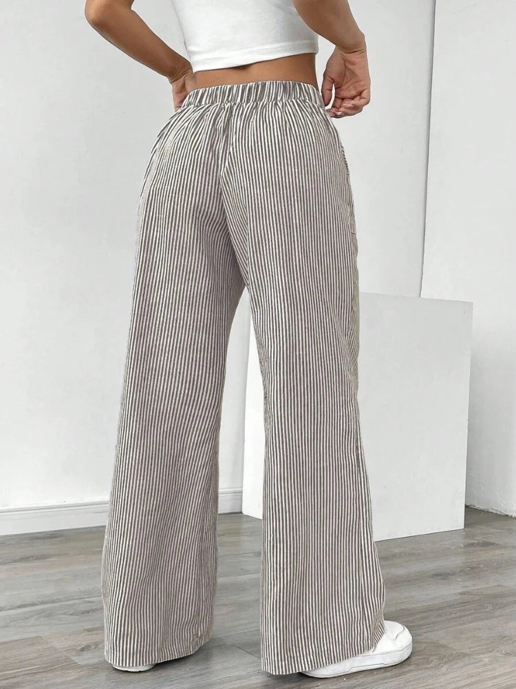 New Autumn Striped Drawstring Pants for Casual and Comfortable Street Fashion Loose Straight Leg Wide Leg Pants Trousers Women