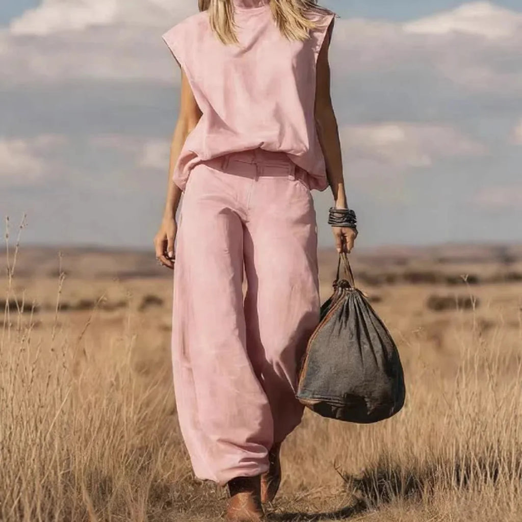 Denim Pant Set Women 2 Piece Sets Mock Neck Sleeveless Vests Wide Leg Pants Ankle Length Y2k Streetwear Vintage Washed Summer