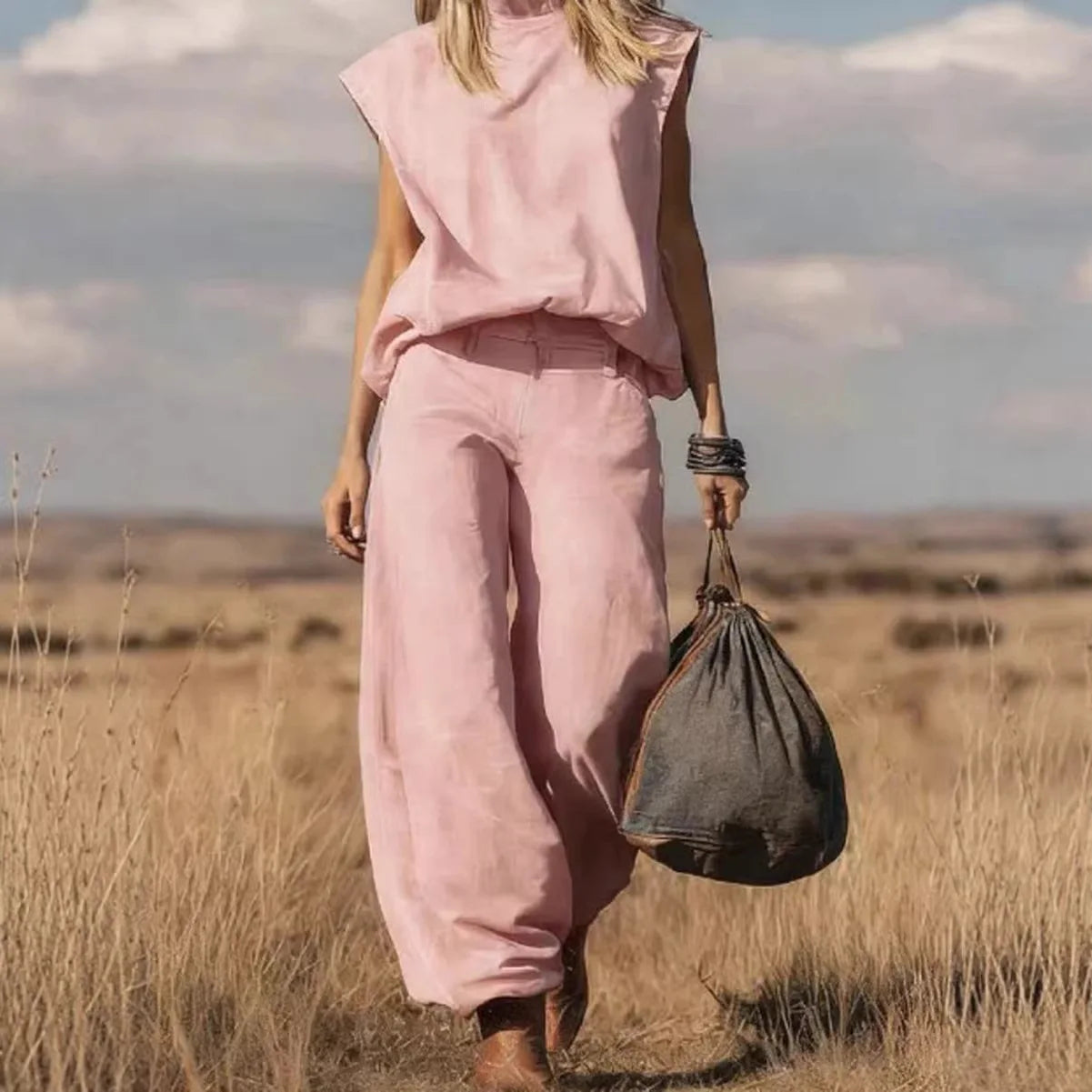 Denim Pant Set Women 2 Piece Sets Mock Neck Sleeveless Vests Wide Leg Pants Ankle Length Y2k Streetwear Vintage Washed Summer