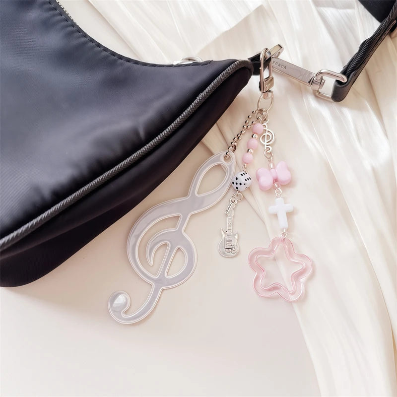 Y2K Music Themed Bag Charm Ribbon Bow Heart Keychain ItaBag Backpack Hanging Decor Ornament Accessory Gift For Teenage Girls