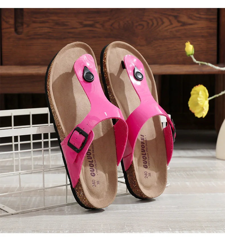 New Cork Sandals for Women Open Toe Beach Slippers with Adjustable Buckle Women Flats Leather Cork Footbed Flip Flops