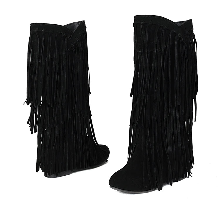 2025 New High Boots Women Bohemian Flock Tassle Mid-Calf Boots Wedge Booties Autumn Winter Ethnic Casual Shoes zapatos de mujer