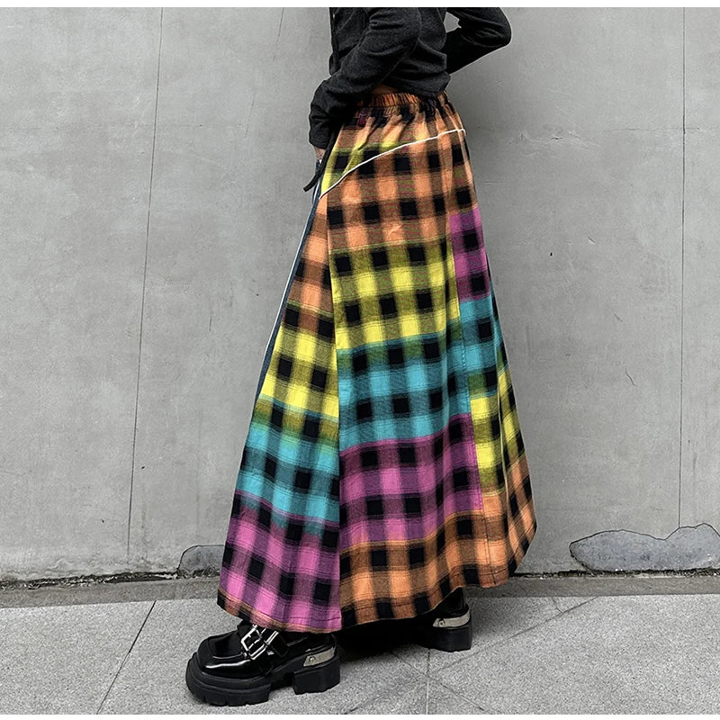 High Fashion Denim Skirt Women Elastic High Waist A-Line Long Skirt Female Colorful Patchwork Plaid Jean Skirt