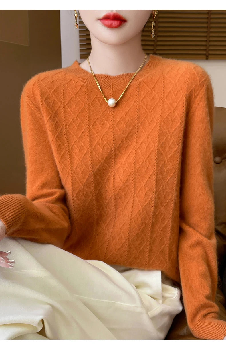 Fall/Winter 2024 New Women's Sweater 100% Pure Wool Lotus Collar Solid Color Loose Knitted Cashmere Pullover