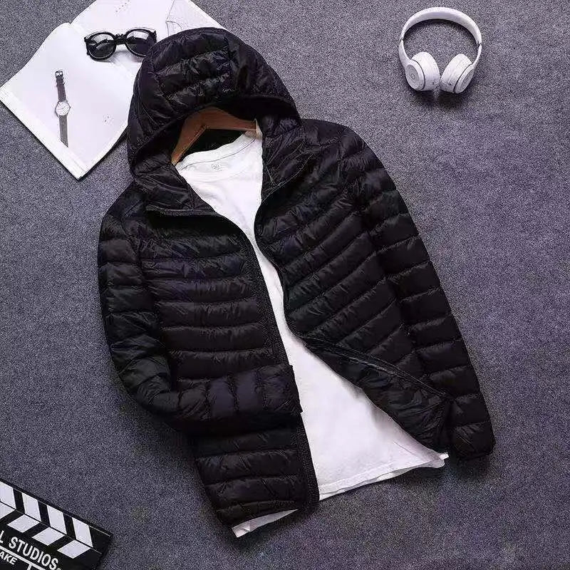 Down Cotton Coat Man 2025 Light Feathered Cotton Jacket Winter Slim Hooded Stand-Up Collar Solid Color Warm Clothing