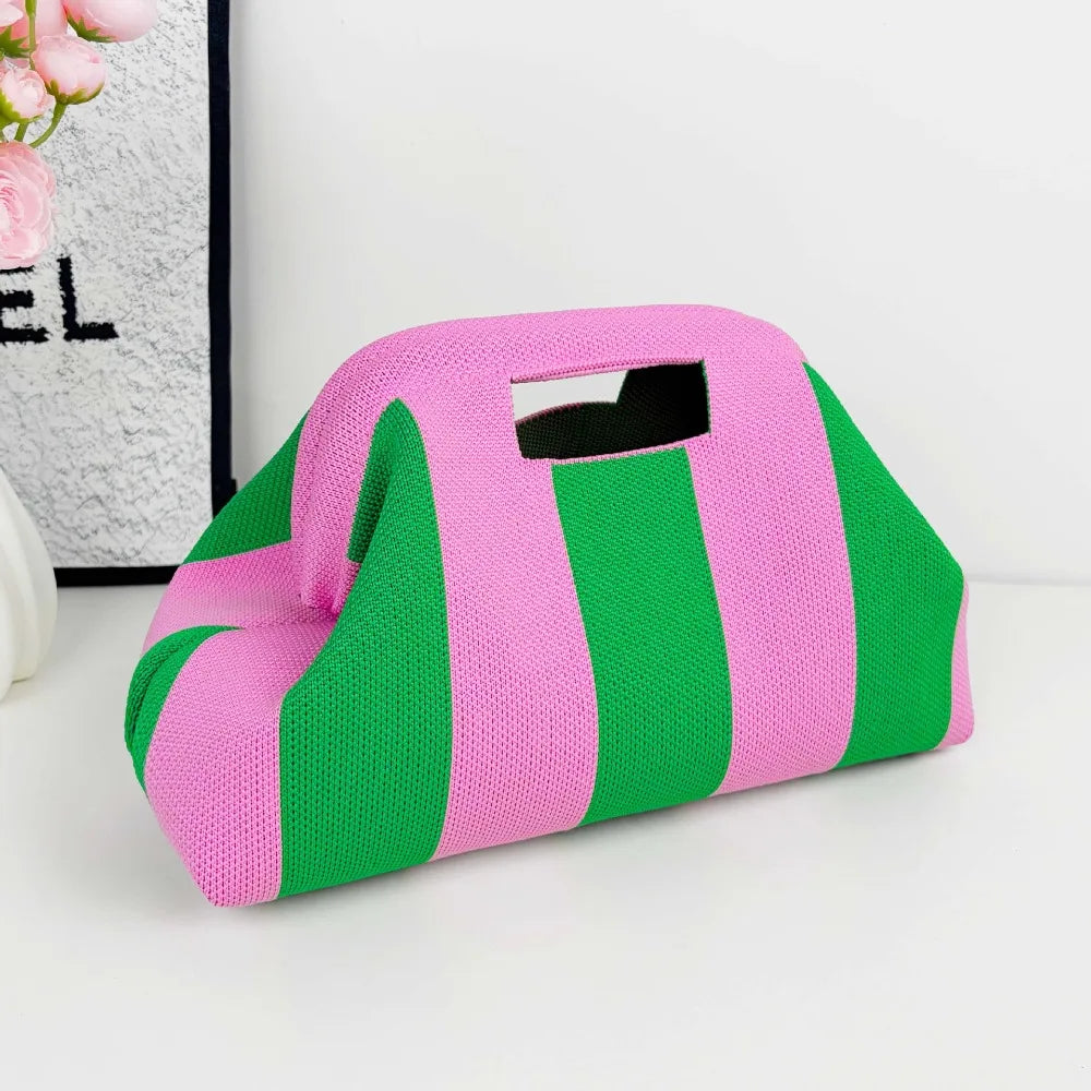 New Woven Bag Hollow-Out Striped Knitted Handbag Fly-Knitted Cloud Versatile Portable Cosmetic Bag