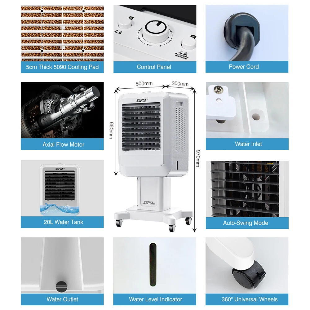 Home Room Cooling Small AC Electric Portable Mobile Water Evaporative Air Cooler Conditioner Fan with 20L Water Tank