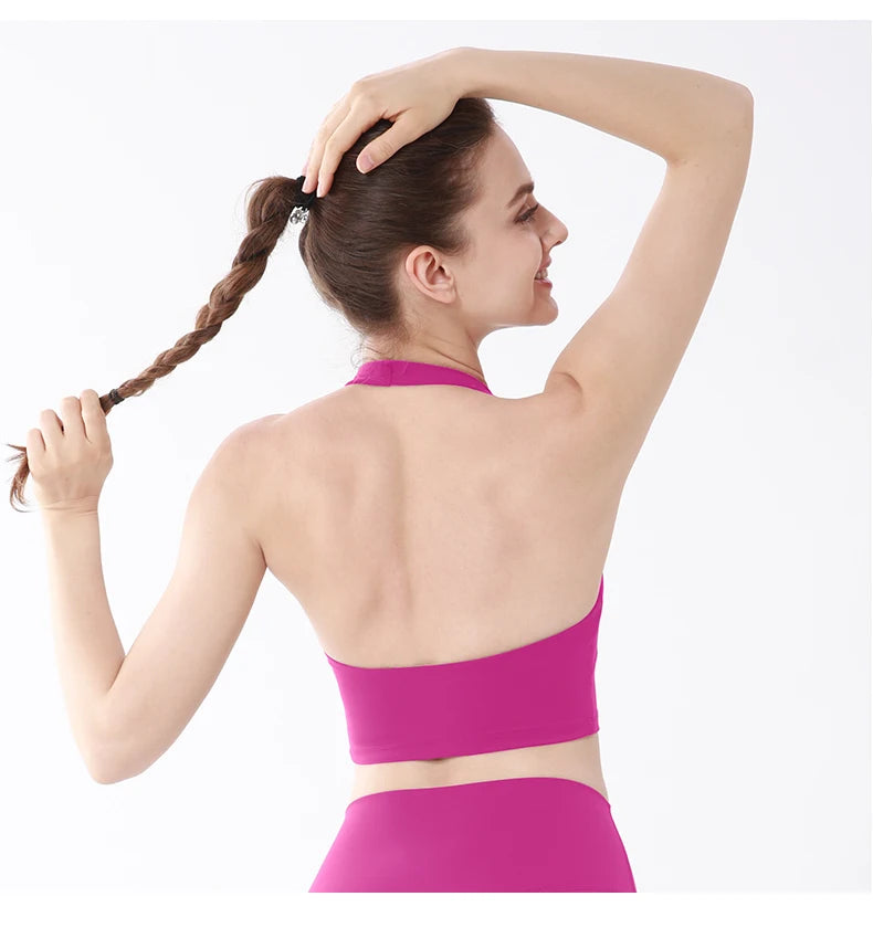 Sports Top Women Sexy Hanging Neck Yoga Bra High Intensity Shockproof Fixed Chest Pad Running Fitness Outdoor Leisure Yoga Vest
