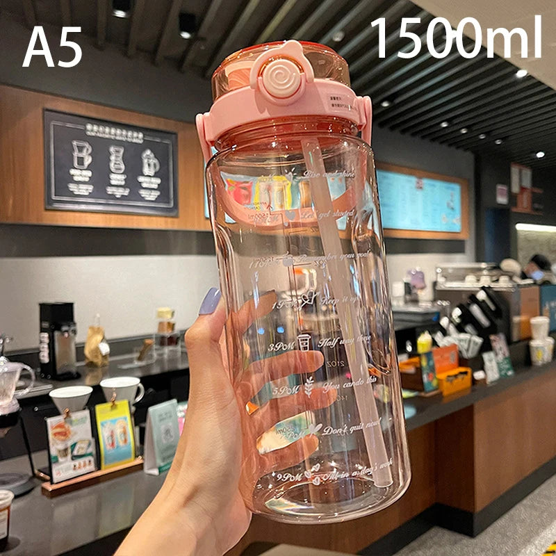 1.5/2Liter Sport Straw Water Bottle With Time Scale Plastic Summer Cold Juice Water Cup Large Capacity Portable Travel Bottles