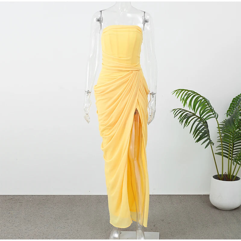 Sexy Women Solid Pleated Strapless Chic Dress Lady V-neck Off-shoulder Backless High Waist Split Vestido 2026 Evening Party Gown