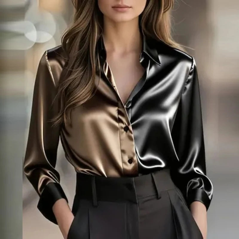 Fashion Women Long Sleeve Silk Shirt Black Turn Down Collar Button Blouse Women Office Tops Mesh See Through Sleeve Satin Shirt