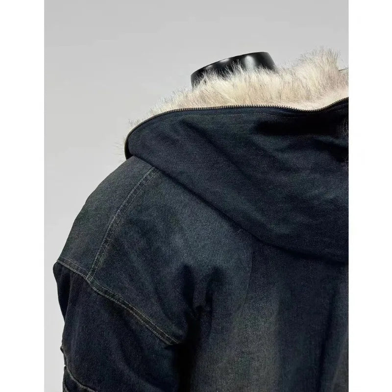 Mens Jacket Harajuku Hooded Denim Cotton Coat Washed Heavy Fleece Thick Fur Collar Vintage Warm Autumn Winter Streetwear Fashion