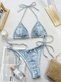 Denim Print Bikini Swimsuit Push Up Triangle Extreme String Backless Swimwear Women Beach Bathing Suit Vacation Outfit Sexys Set