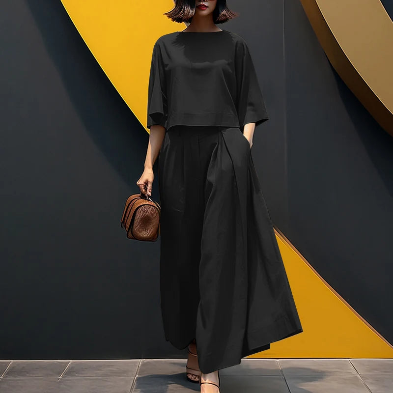ZANZEA Women Causal 2PCS Pant Sets Loose 3/4 Sleeve Tops Wide Leg Pants 2-Pieces Outfits Solid Color Fashion Commute Tracksuits