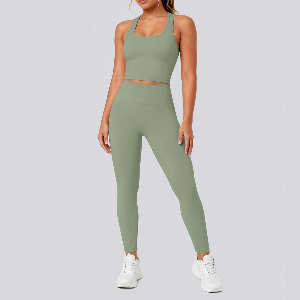 2PCS Solid Color Yoga Set for Woman's Gather Beautiful Back I-shaped Vest Shock-absorbing Running Yoga Tank Top Push Up Pants