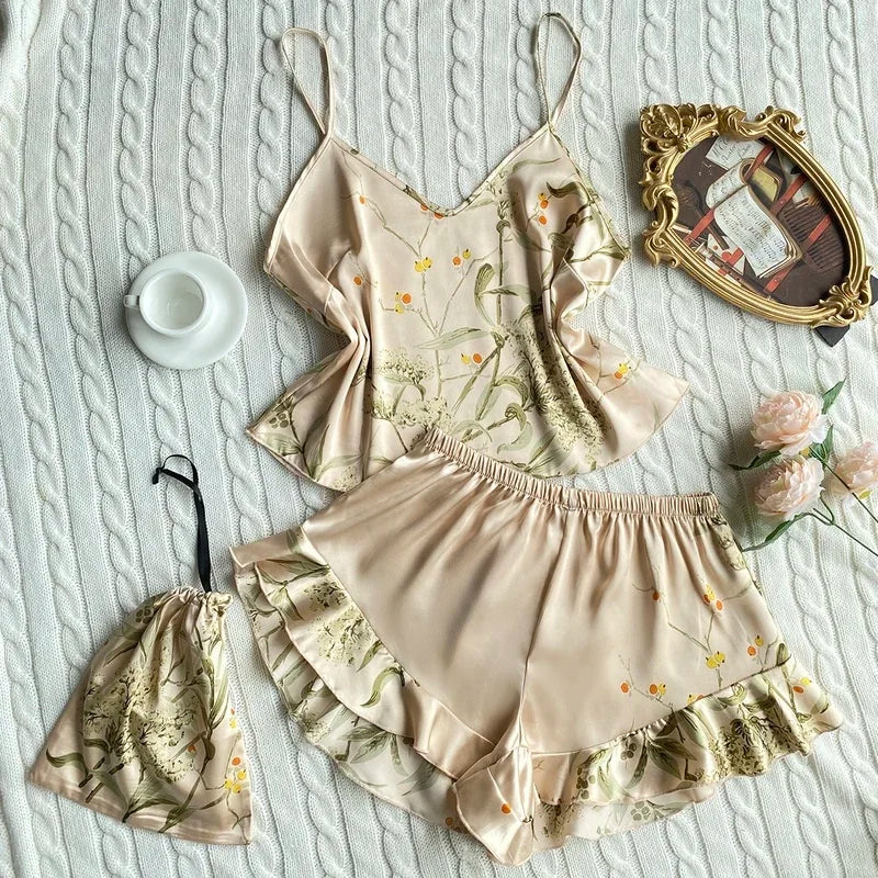 Summer Elegant  Print Cami Tops Ruffle Hem Shorts Pajama Set  Women's Sleepwear V Neck Strap Loungewear