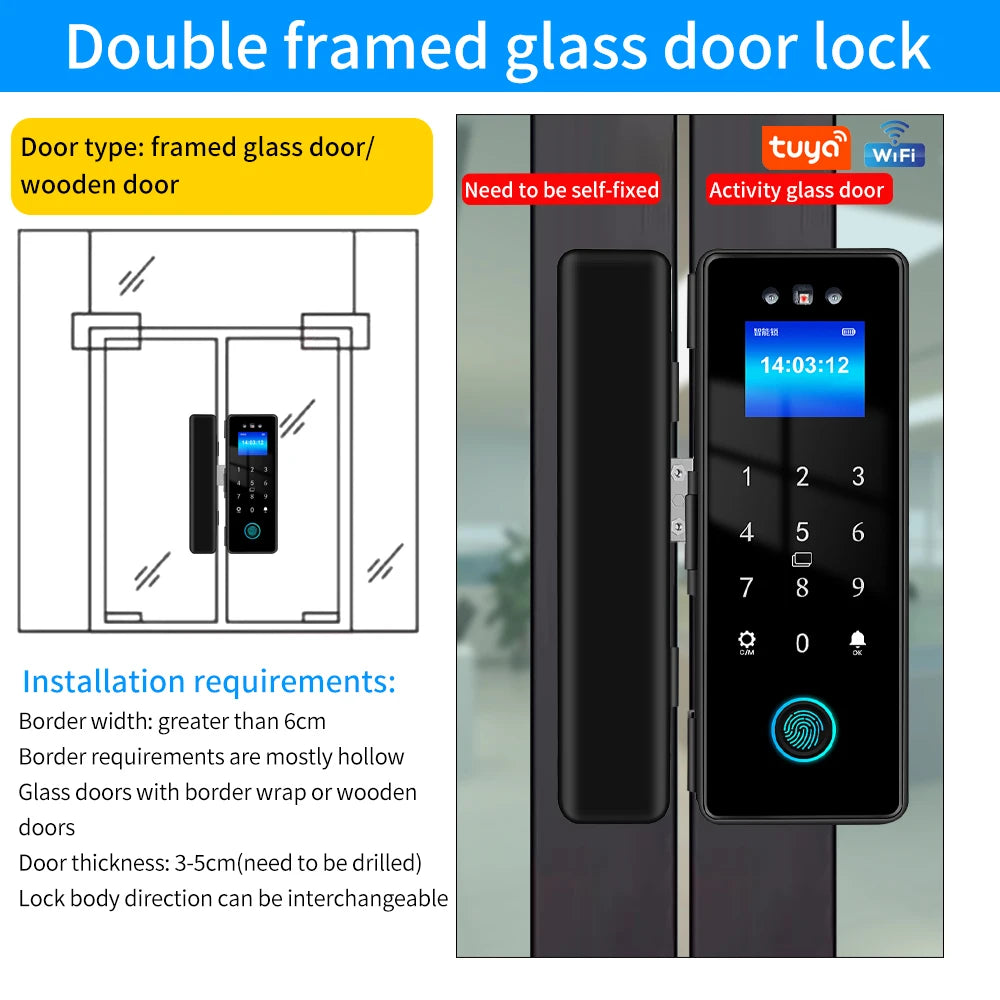 3D Face Tuya Wifi Electronic Smart Glass Door Lock With Biometric Fingerprint/RFID Card /Password Unlock/USB Emergency Charge