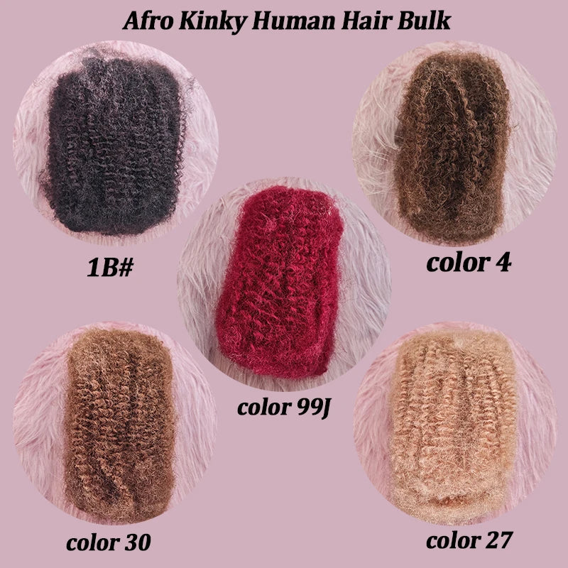 4C Afro Kinky Curly Bulk 10-18Inch 30g/50g Pack Crochet Human Hair Extensions No Weft Brazilian Remy Bulk for Locs Braiding Hair