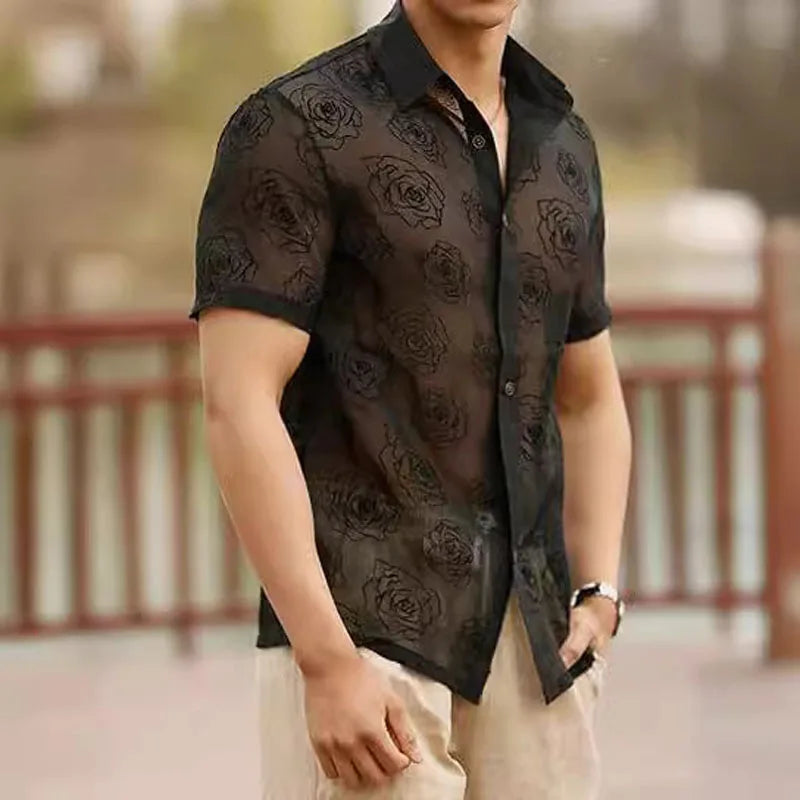Spring/Summer Men's Fashion Lace Short-sleeved Shirt Party Club Sexy Hollowed-out See-through Shirt Casual Street Men's Clothing